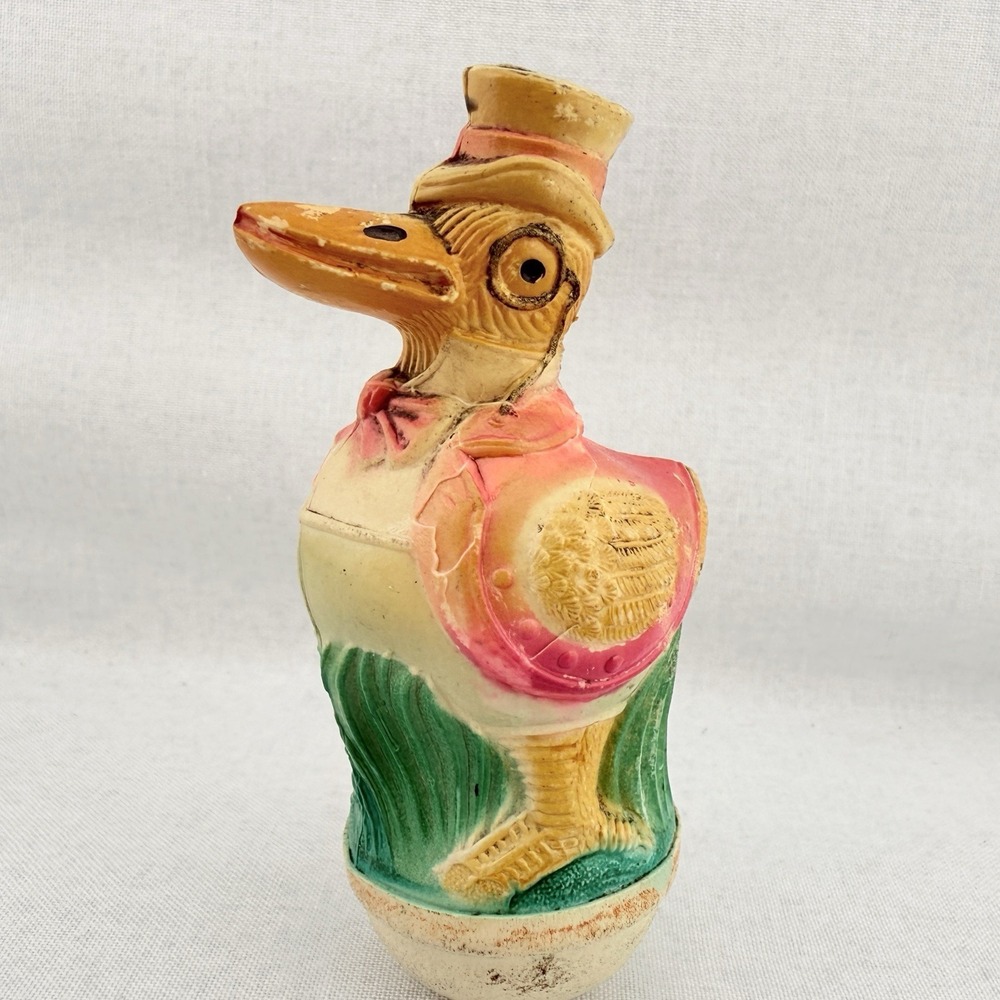 Antique Viscoloid Co Celluloid Duck Dapper Monocle Top Hat Vintage Roly-Poly Toy